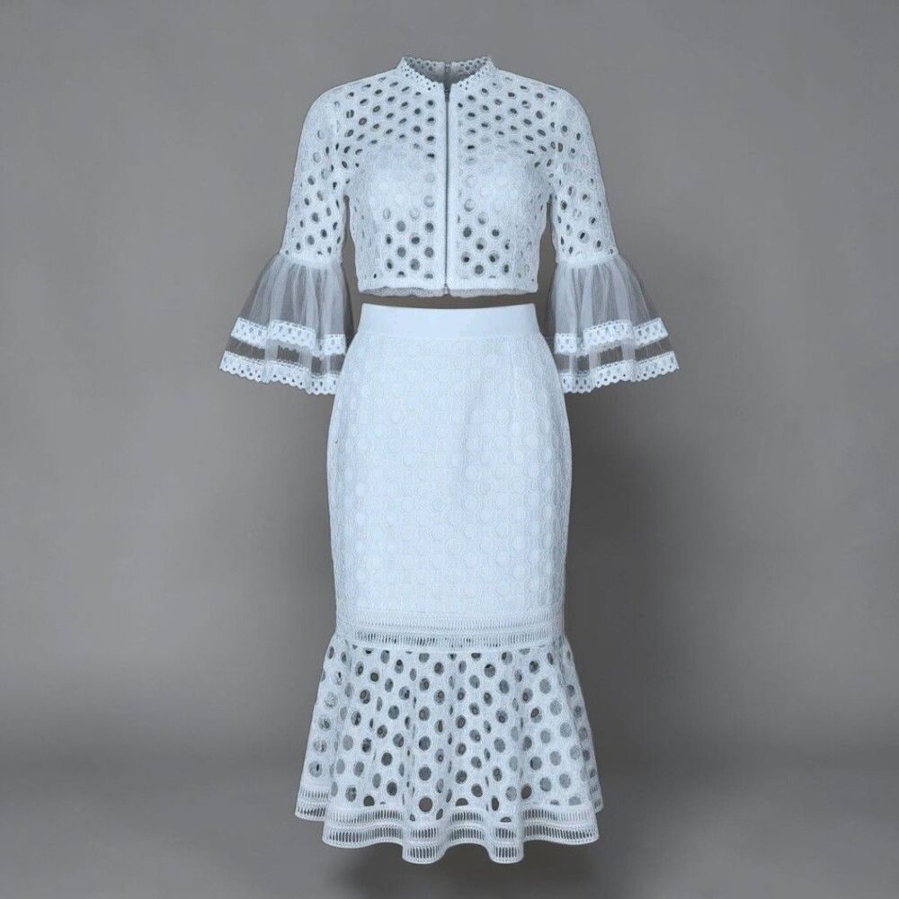 2 Piece White Eyelet Lace Crop Top Pencil Skirt Womens Small Bell Sleeves Boho